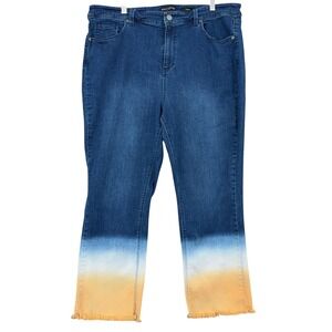 Susan Graver Womens 18W Cropped Ombre Dip Dye Jeans Blue Yellow Fringe Hem